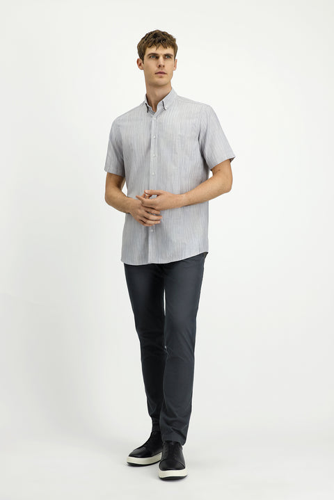 Light Mink Short Sleeve Regular Fit Patterned Sporty Button-Down Collar Cotton Shirt