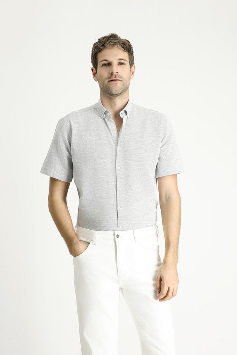 Light Navy Short Sleeve Regular Fit Patterned Cotton Sport Shirt
