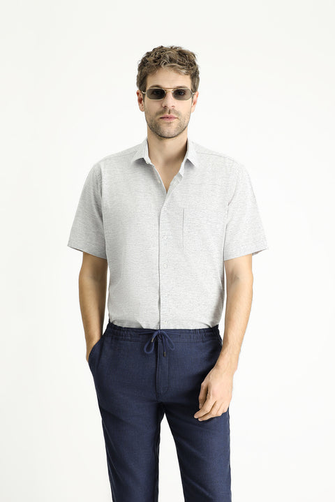 Light Navy Short Sleeve Regular Fit Patterned Cotton Sport Shirt
