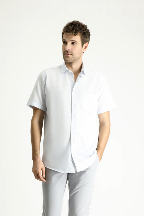 Blue Short-Sleeve Regular Fit Patterned Sporty Cotton Shirt