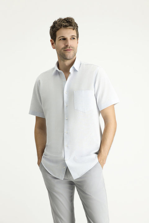 Blue Short-Sleeve Regular Fit Patterned Sporty Cotton Shirt