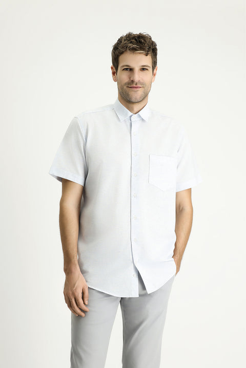 Blue Short-Sleeve Regular Fit Patterned Sporty Cotton Shirt