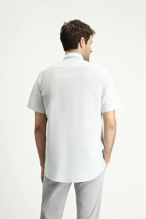 Blue Short-Sleeve Regular Fit Patterned Sporty Cotton Shirt