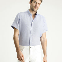 Dark Blue Short Sleeve Regular Fit Patterned Sporty Cotton Shirt, Easy Iron