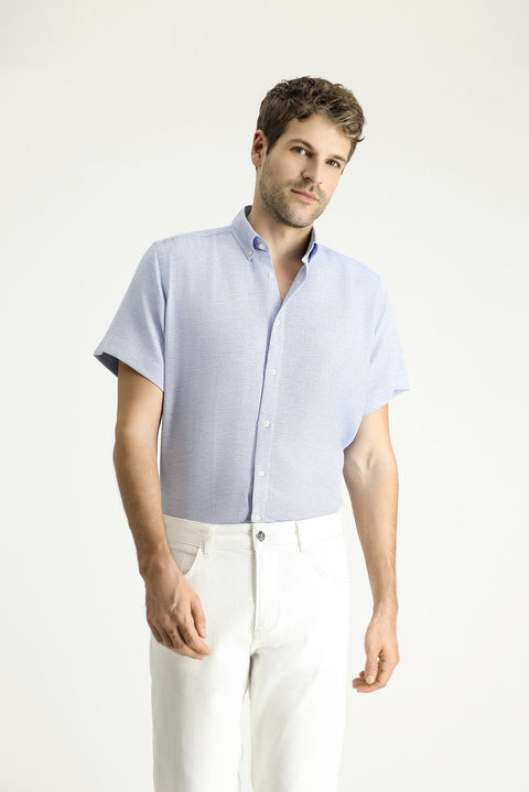 Dark Blue Short Sleeve Regular Fit Patterned Sporty Cotton Shirt, Easy Iron