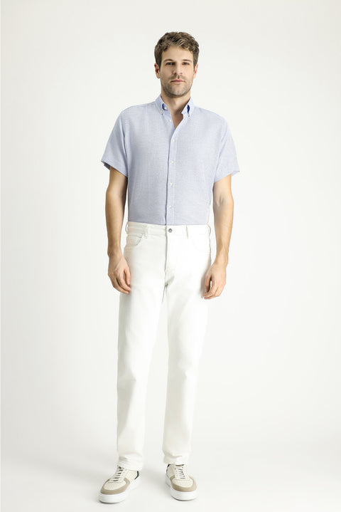 Dark Blue Short Sleeve Regular Fit Patterned Sporty Cotton Shirt, Easy Iron