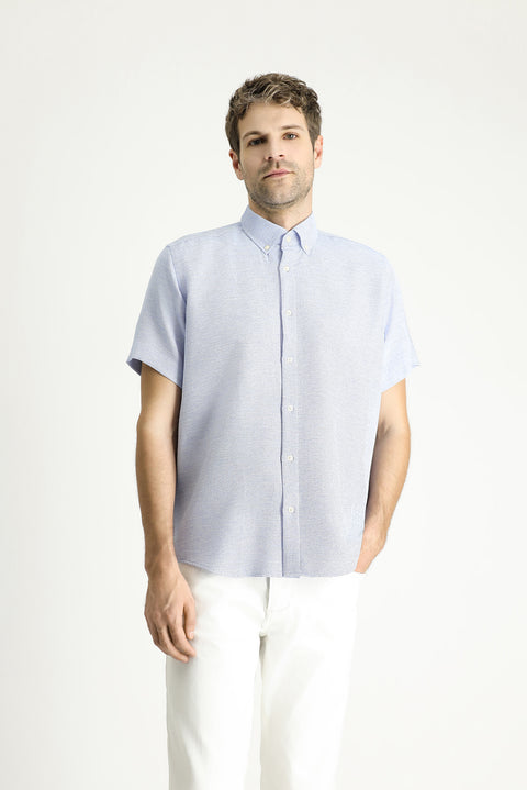 Dark Blue Short Sleeve Regular Fit Patterned Sporty Cotton Shirt, Easy Iron