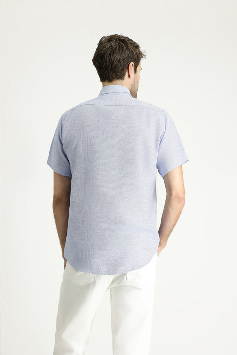 Dark Blue Short Sleeve Regular Fit Patterned Sporty Cotton Shirt, Easy Iron