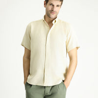 Light Yellow Short Sleeve Regular Fit Patterned Sporty Cotton Shirt, Easy Iron