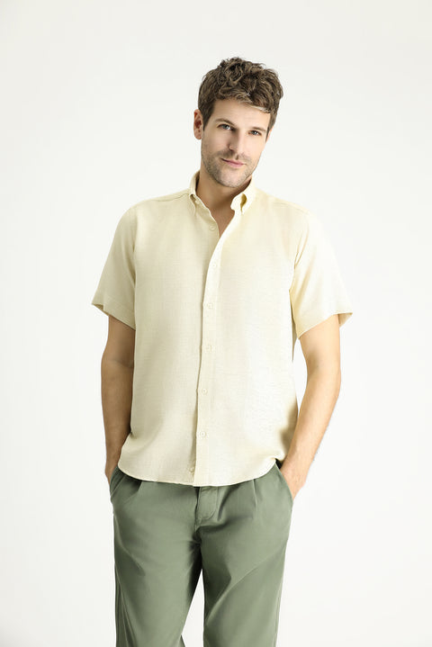 Light Yellow Short Sleeve Regular Fit Patterned Sporty Cotton Shirt, Easy Iron