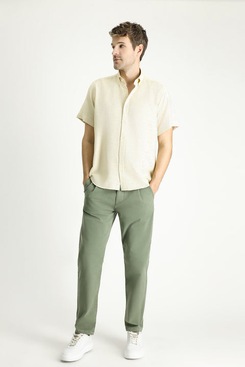 Light Yellow Short Sleeve Regular Fit Patterned Sporty Cotton Shirt, Easy Iron