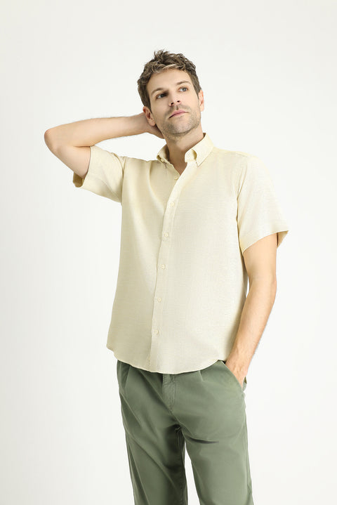 Light Yellow Short Sleeve Regular Fit Patterned Sporty Cotton Shirt, Easy Iron