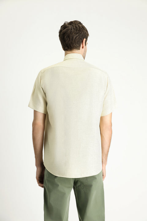 Light Yellow Short Sleeve Regular Fit Patterned Sporty Cotton Shirt, Easy Iron