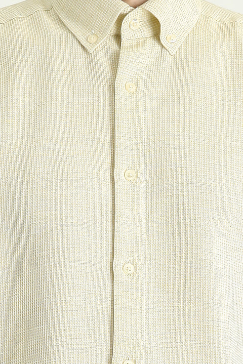 Light Yellow Short Sleeve Regular Fit Patterned Sporty Cotton Shirt, Easy Iron