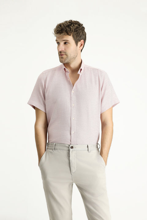 Pink Short-Sleeve Regular Fit Patterned Sporty Cotton Shirt, Easy-Iron