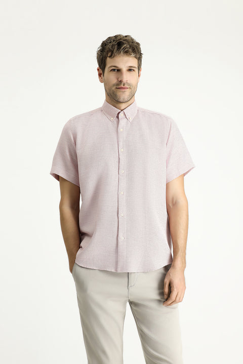 Pink Short-Sleeve Regular Fit Patterned Sporty Cotton Shirt, Easy-Iron