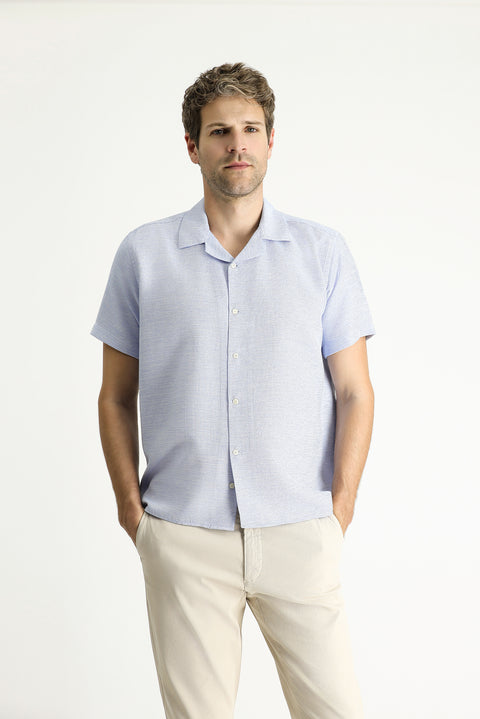 Dark Blue Short Sleeve Regular Fit Patterned Sporty Cotton Shirt, Easy Iron