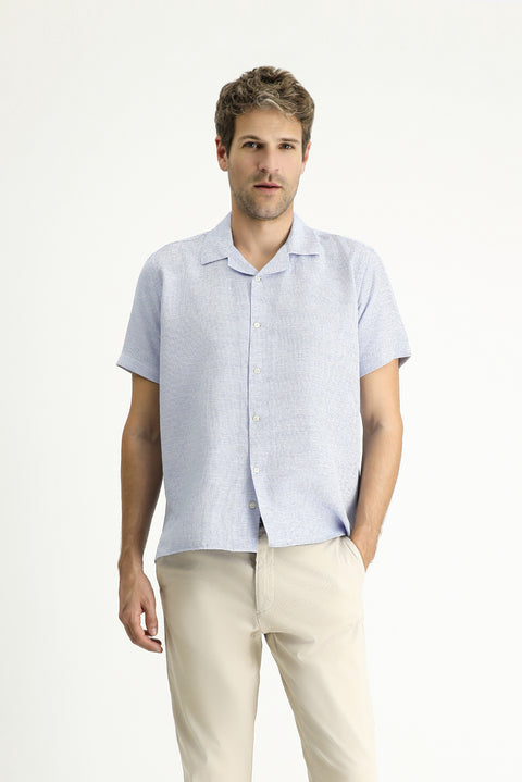 Dark Blue Short Sleeve Regular Fit Patterned Sporty Cotton Shirt, Easy Iron