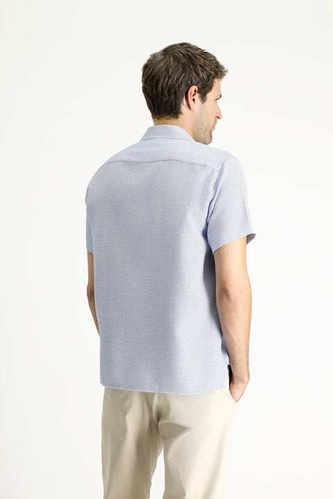 Dark Blue Short Sleeve Regular Fit Patterned Sporty Cotton Shirt, Easy Iron