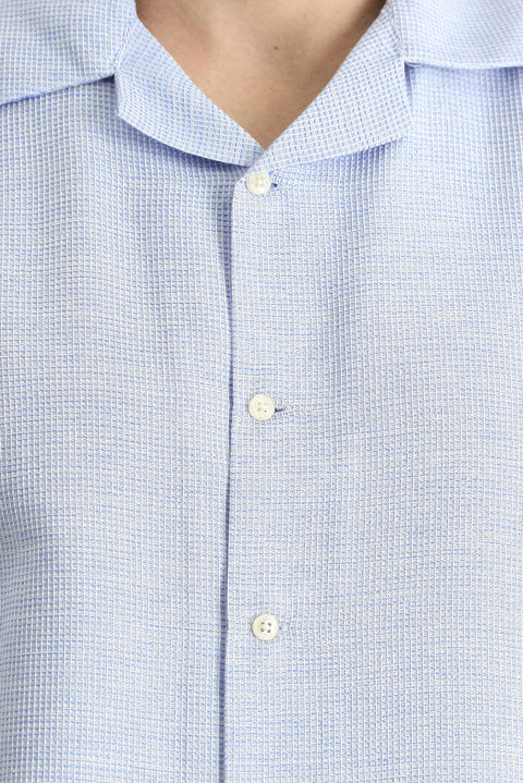 Dark Blue Short Sleeve Regular Fit Patterned Sporty Cotton Shirt, Easy Iron