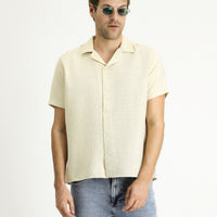 Light Yellow Short Sleeve Regular Fit Patterned Sporty Cotton Shirt, Easy Iron