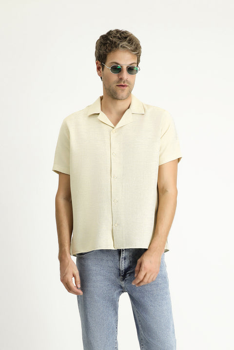 Light Yellow Short Sleeve Regular Fit Patterned Sporty Cotton Shirt, Easy Iron