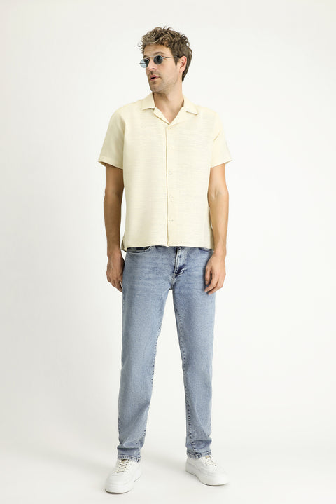 Light Yellow Short Sleeve Regular Fit Patterned Sporty Cotton Shirt, Easy Iron