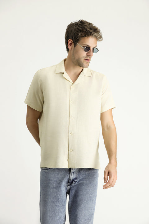 Light Yellow Short Sleeve Regular Fit Patterned Sporty Cotton Shirt, Easy Iron