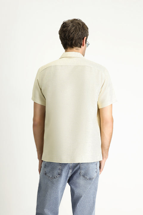 Light Yellow Short Sleeve Regular Fit Patterned Sporty Cotton Shirt, Easy Iron