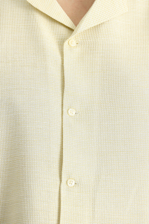 Light Yellow Short Sleeve Regular Fit Patterned Sporty Cotton Shirt, Easy Iron
