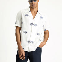 White and Navy Short-Sleeve Oversize Cotton Patterned Shirt