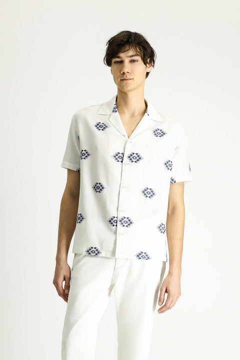 White and Navy Short-Sleeve Oversize Cotton Patterned Shirt