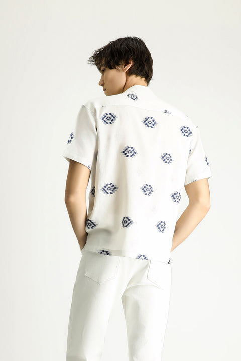 White and Navy Short-Sleeve Oversize Cotton Patterned Shirt