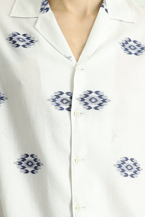 White and Navy Short-Sleeve Oversize Cotton Patterned Shirt