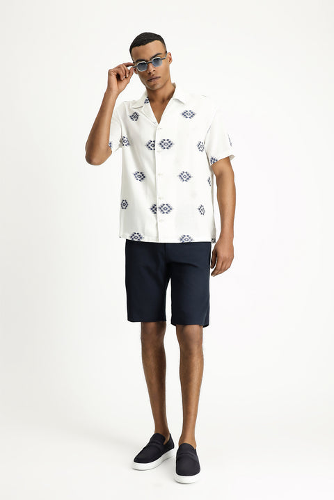 White and Navy Short-Sleeve Oversize Cotton Patterned Shirt