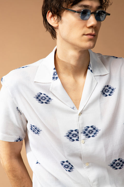 White and Navy Short-Sleeve Oversize Cotton Patterned Shirt