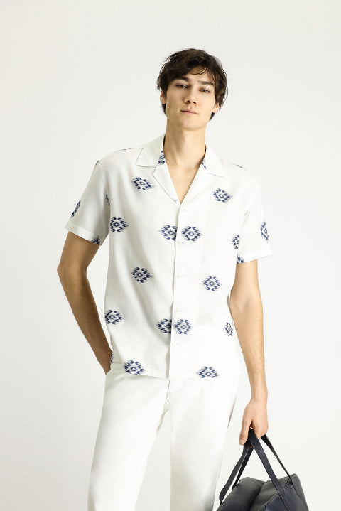 White and Navy Short-Sleeve Oversize Cotton Patterned Shirt