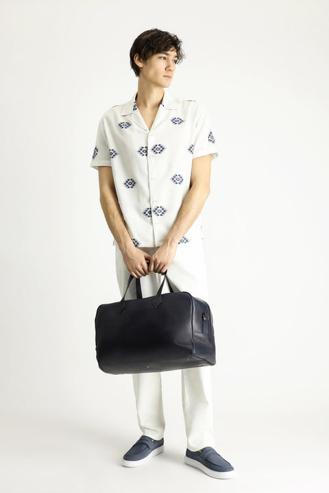 White and Navy Short-Sleeve Oversize Cotton Patterned Shirt
