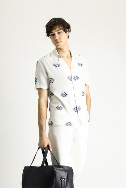 White and Navy Short-Sleeve Oversize Cotton Patterned Shirt