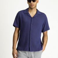 Medium Navy Short Sleeve Regular Fit Patterned Cotton Easy-Iron Shirt