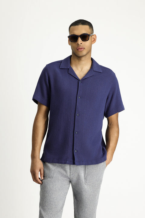 Medium Navy Short Sleeve Regular Fit Patterned Cotton Easy-Iron Shirt