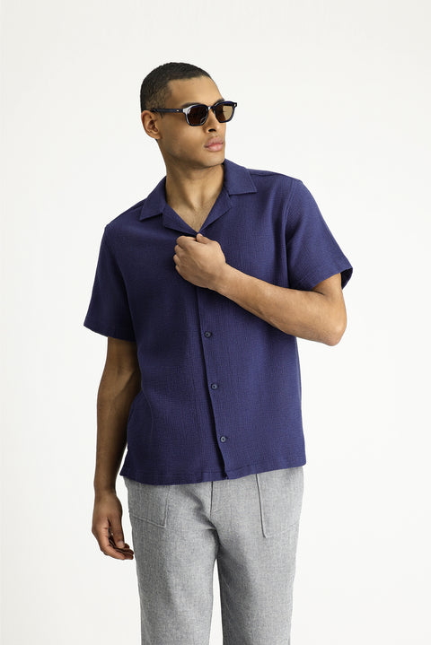Medium Navy Short Sleeve Regular Fit Patterned Cotton Easy-Iron Shirt