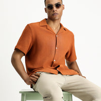 Tile-colored, short-sleeved, regular-fit, patterned cotton shirt that's easy to iron.