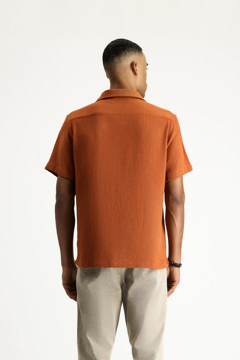Tile-colored, short-sleeved, regular-fit, patterned cotton shirt that's easy to iron.