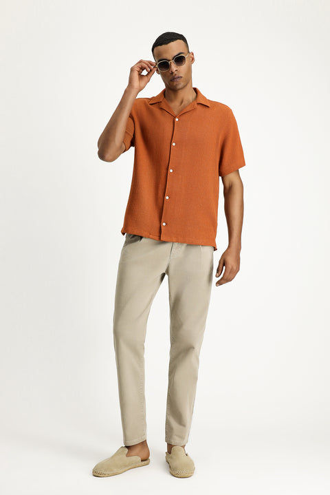 Tile-colored, short-sleeved, regular-fit, patterned cotton shirt that's easy to iron.
