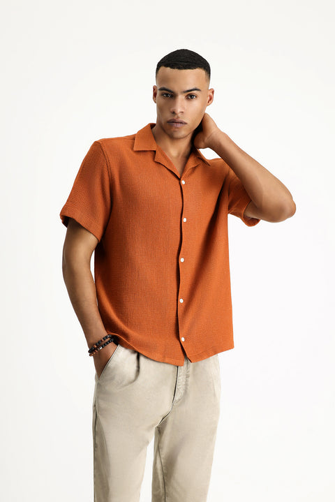 Tile-colored, short-sleeved, regular-fit, patterned cotton shirt that's easy to iron.