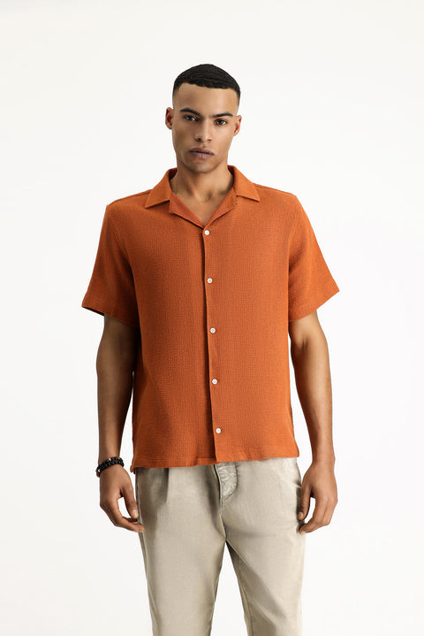 Tile-colored, short-sleeved, regular-fit, patterned cotton shirt that's easy to iron.