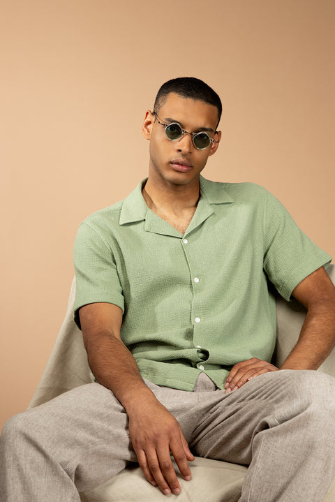 Light Green Short Sleeve Regular Fit Patterned Cotton Easy-Iron Shirt