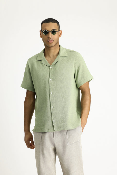 Light Green Short Sleeve Regular Fit Patterned Cotton Easy-Iron Shirt