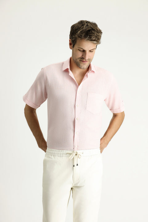 Dusty Pink Short Sleeve Regular Fit Patterned Linen Blend Shirt
